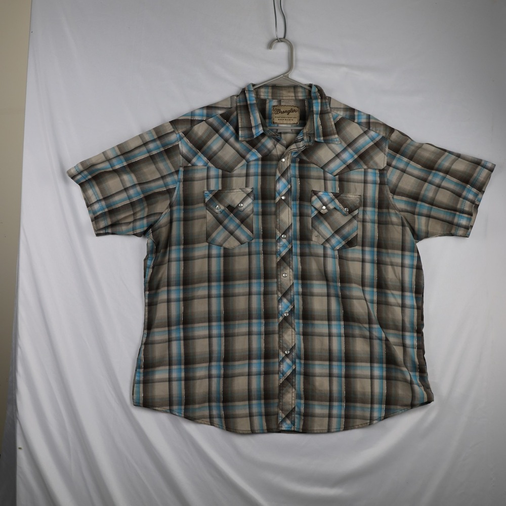Wrangler Shirt Mens Extra Large Blue Brown Plaid Western Pearl Snap Short Sleeve